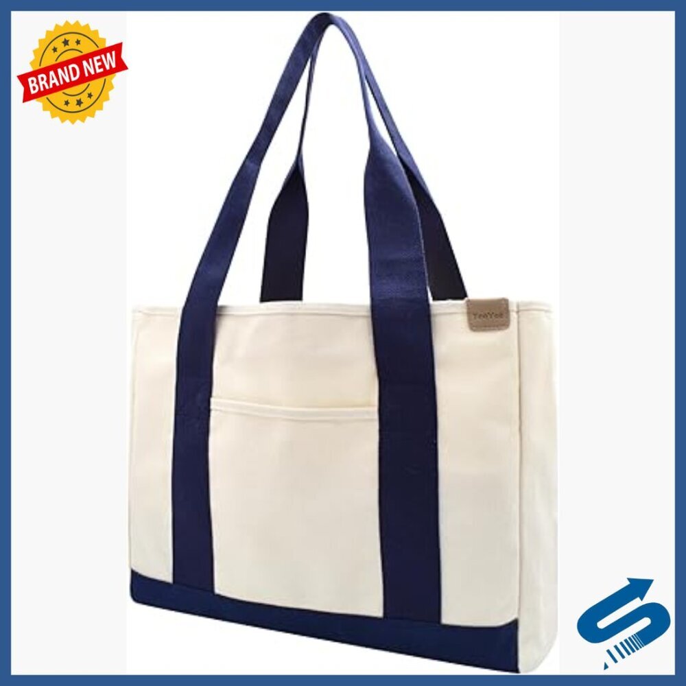 Large Canvas Tote Bag with Zipper Pockets, Laptop Compartment, Multi-Use